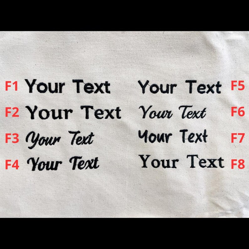 May include: Close-up of a cream-colored fabric with eight instances of the text "Your Text" in black, each in a different font. The letters F1 through F8 are in red.
