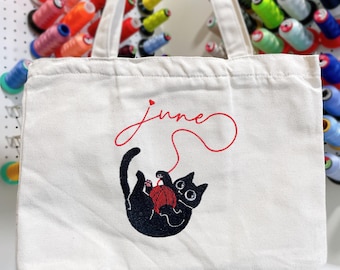 Bolsa de lona con gato negro bordado, nombre personalizado, regalo para ella