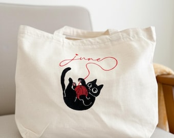 Embroidered Black Cat Canvas Tote Bag, Personalized Name, Gift For Her