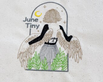 Personalized Embroidered Angel Wing Canvas Tote Bag, Moon Design, Gift for her