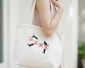 Custom Black Cat Canvas Tote Bag – Embroidered Cats with Letter Blocks – Personalized Name Tote