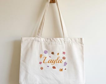 Personalized Tote Bag with Name Embroidery – Custom Canvas Bag – Floral Autumn Design