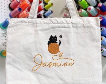 Custom Name Embroidered, Personalized Black Cat Tote Bag, Personalized Gift for Her