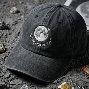 Embroidered Copy Moon Joy Quote Baseball Cap, Lunar Hat, Minimal Space Hat, Gift For Women, Trend Inspired Night Sky Fashion Statement