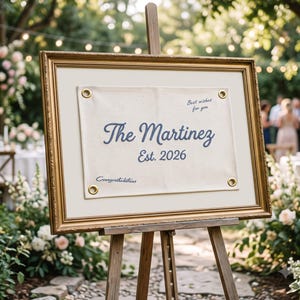 Bannière en toile pour livre d'or de mariage personnalisé, drapeau de mariage brodé, panneau personnalisé avec nom de famille, cadeau de mariage pour les couples, cadeau de pendaison de crémaillère