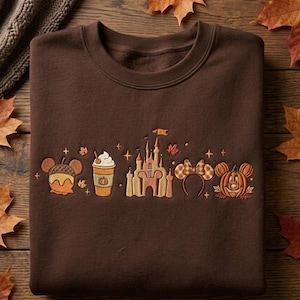Fall Magic Park Embroidered Sweatshirt, Autumn Castle Mouse Ears Pumpkin Coffee Crewneck, Cozy Vacation Gift for Theme Park Lovers