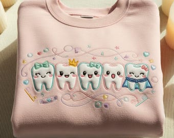 Embroidered Dental Icons Sweatshirt, Dental Hygienist Icon Shirt, Dental Graduation Gift, Dentist Tee, Dental Hygienist Coquette Shirts