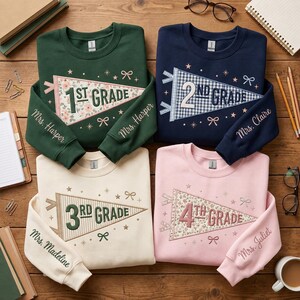 Embroidered Custom Teacher Applique Patchwork Sweatshirt, Back to School Shirt, First Second Third Fourth Fifth Grade Level Teacher Team Tee