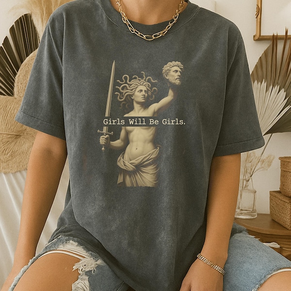 Camiseta "Girls Will Be Girls", camiseta vintage con cabeza de Medusa, gráfico de dios griego, camiseta feminista