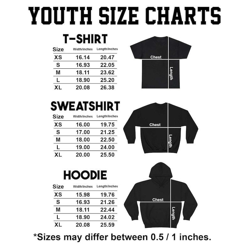 May include: A white graphic with the text "YOUTH SIZE CHARTS" at the top. Below are size charts for t-shirts, sweatshirts, and hoodies, including chest and length measurements in inches for each size, from XS to XL. The text at the bottom says "Sizes may differ between 0.5 / 1 inches."
