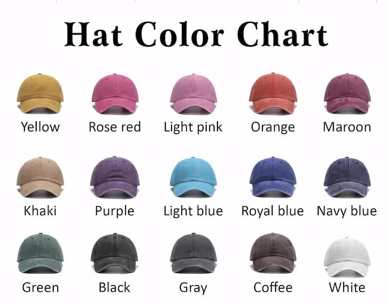 May include: A color chart displaying baseball caps in various colors, including yellow, rose red, light pink, orange, maroon, khaki, purple, light blue, royal blue, navy blue, green, black, gray, coffee, and white. The text "Hat Color Chart" is at the top.