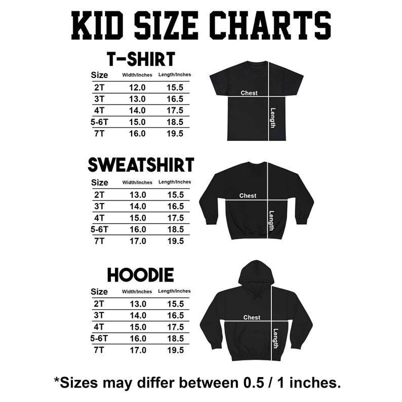 May include: A black and white kid's size chart for t-shirts, sweatshirts, and hoodies. The chart includes size, width in inches, and length in inches. The text "KID SIZE CHARTS" is at the top. The sizes may differ between 0.5 / 1 inches.