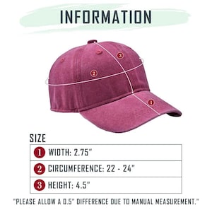 May include: A maroon baseball cap with a curved brim. The image includes size information: width 2.75", circumference 22-24", and height 4.5". The text "INFORMATION" is at the top.