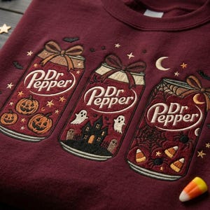 Dr Pepper Halloween Embroidered Sweatshirt, Vintage Soda Can Crewneck, Cute Pumpkin Ghost Fall Pullover, Cozy Autumn Gift Idea