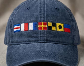 Embroidered Personalized Name In Nautical Flags Baseball Cap, Fathers Day Gifts For Dad, Custom Boating Sailor Boat Captain Hats Presents