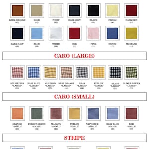 May include: A fabric color chart displaying various textile options categorized by pattern. The grid includes solid colors, large and small gingham check patterns labeled as Caro, and striped designs. Each swatch is numbered and labeled with its color name.