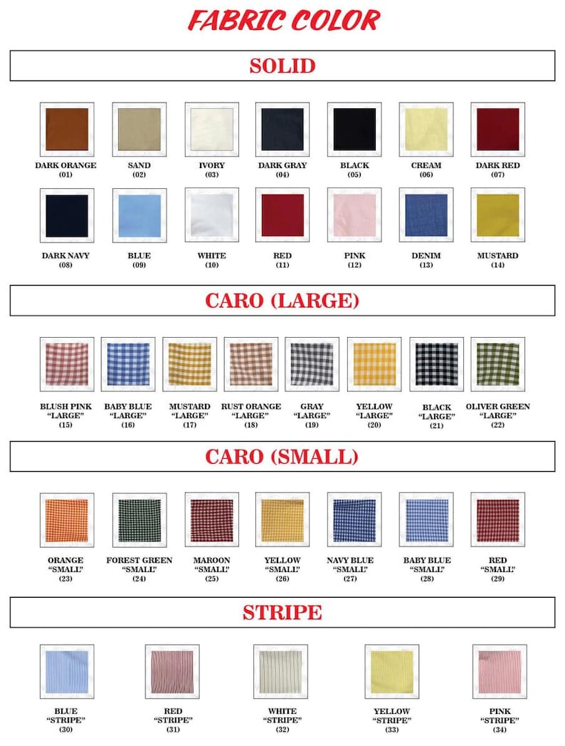 May include: A fabric color chart displaying various textile options categorized by pattern. The grid includes solid colors, large and small gingham check patterns labeled as Caro, and striped designs. Each swatch is numbered and labeled with its color name.