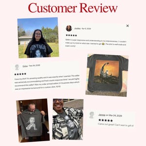 May include: A collage of customer reviews featuring images of t-shirts. One image shows a person wearing a black t-shirt with the word "VINTAGE" and a baby graphic. Other images show t-shirts with various graphics and customer comments.