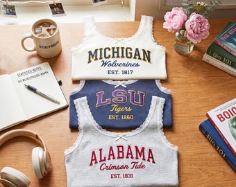Embroidered Custom Lace Tank Top, Sport Teams Shirt, Game Day Ribbed Cami, Ironic Game Day Shirt, Retro College Mascot Top