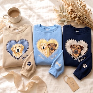 Custom Pet Portrait Embroidery Sweatshirt, Gingham Heart Patch Shirt, Pet Memorial Keepsake, Custom Dog Embroidery Shirt, Dog Mom Gift