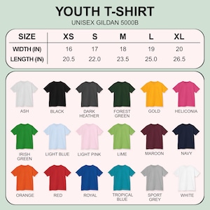May include: A chart displaying a variety of youth t-shirt colors, including ash, black, dark heather, forest green, gold, and heliconia. The chart also shows the width and length measurements in inches for sizes XS to XL.