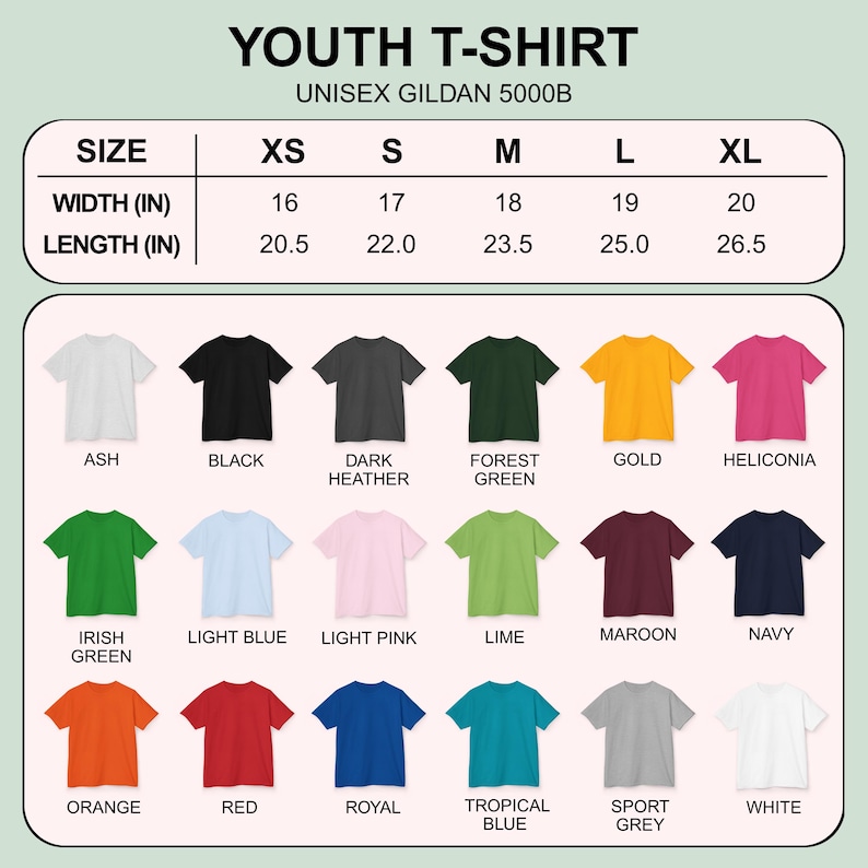May include: A chart displaying a variety of youth t-shirt colors, including ash, black, dark heather, forest green, gold, and heliconia. The chart also shows the width and length measurements in inches for sizes XS to XL.