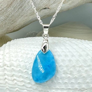 High Grade Dominican Larimar Gemstone/Natural Stone Pendant/Necklace With .925 Sterling Silver Bail And Chain,Unisex, Healing, Beachy!