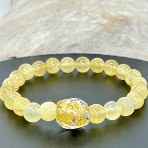 No Dyes, One Of A Kind! AAA Chatoyant ,8MM Honey Yellow Calcite and Gold Lamp-Work Beaded Stretch Gemstone/Natural Stone Bracelet