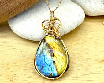 Flashy, Blue and Yellow Labradorite Gemstone/Natural Stone Pendant/Necklace in Gold Filled Wire Wrap on Gold Filled Chain, Healing