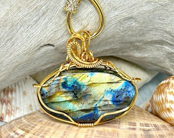 See the Video! Spectrolite Labradorite Gemstone/Natural Stone Pendant,Necklace With Gold Filled Wire Wrap, Blue,Yellow, Healing Crystal