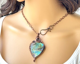 See Video! Rare Flashy Labradorite Gemstone/Natural Stone, Wrapped in Oxidized Copper Wire on a Copper Chain, Healing