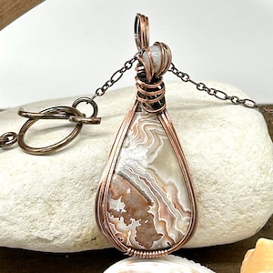 Crazy Lace Agate And Moonstone Bead In Copper Wire Wrap, Gemstone/Natural Stone Pendant,Necklace, Protective and Healing