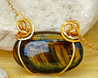 See Video! Multi Blue And Gold Tiger Eye Pendant Gemstone/Natural Stone Pendant/Necklace in Gold Plate Wire,Healing and Protection