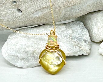 Flashy AAA Golden Lepidolite Heart & AAA Ethiopian Opal Pendant/Necklace Gemstone/Natural Stone Wrapped In 14K Gold Filled Wire