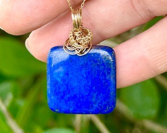 Rare And Gorgeous AAA Pakistani Lapis Lazuli Gemstone/Natural Stone Pendant/Necklace Top Bail Wrapped And Woven In Gold Filled Wire, Healing