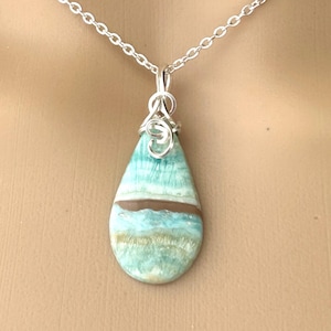 Aragonite Teardrop Pendant: Silver Plated Wire Wrap, Stainless Steel Chain