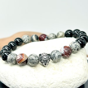 Pulsera personalizada de turmalina negra 7A, jaspe de mapa AAA, ágata de encaje loco AAA, con cuentas elásticas y cierre de piedras preciosas/piedras naturales, 8 y 10 mm, con león de acero inoxidable.