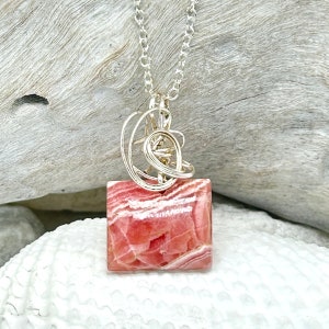 Rhodochrosite Gemstone/Natural Stone Pendant,Necklace In Sterling Silver Wire  Wrap Bail,Minimal,Healing,October, November Birthstone