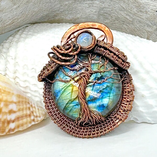 Flashy Labradorite Tree Of Life Gemstone/Natural Stone in Oxidized Copper Wire Wrap With Copper Chain and Lobster Closure, Healing