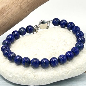SUPERIOR Grade AAAAA Pakistani Lapis Lazuli (6 mm, 8 mm or 10mm) Clasped Beaded Gemstone/Natural Stone Bracelet,Closure Choice, No Dyes