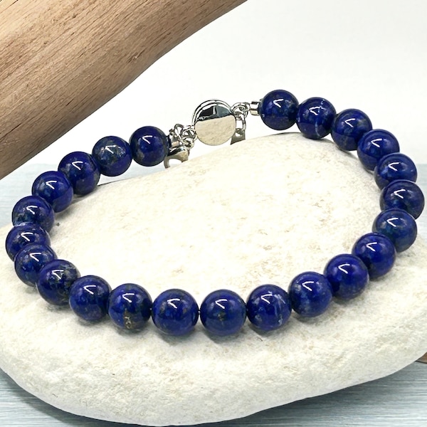 SUPERIOR Grade AAAAA Pakistani Lapis Lazuli (6 mm or 8 mm) Clasped Beaded Gemstone/Natural Stone Bracelet,No Dyes,  Protective & Healing