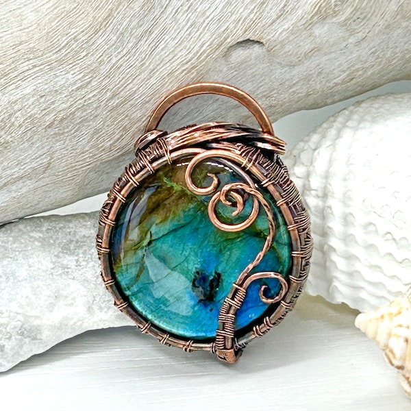 Flashy, Labradorite Pendant/Necklace, Gemstone/Natural Stone In Oxidized Copper Wrap/Weave On Copper Chain, Unisex, Healing