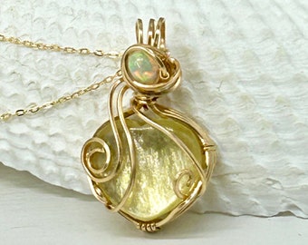 Flashy AAA Golden Lepidolite & AAA Ethiopian Opal Pendant/Necklace Gemstone/Natural Stone Wrapped In 14K Gold Filled Wire