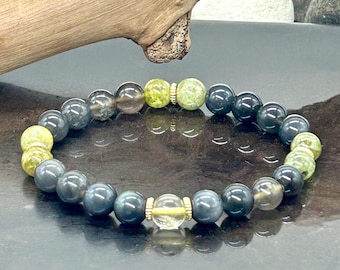 Highest Quality AUTHENTIC 8mm Libyan Desert Glass,  Agni Manitite Tektite (Indonesia Meteorite)  And Green Garnet Beaded Stretch Bracelet