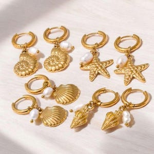 Shell earrings, starfish charm hoop, natural pearl, 18K gold-plated stainless steel, fancy waterproof summer style