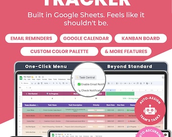 Task Tracker Spreadsheet for Google Sheets | Team To Do List Template, Project Management Template, Kanban Board, Email Reminders
