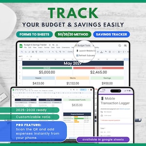 May include: A digital budget and savings tracker displayed on a laptop, tablet, and smartphone. The screens show financial data, including income, expenses, and savings. Text on the image includes "Track Your Budget & Savings Easily" and "50/30/20 Method."