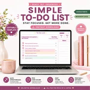 Könnte beinhalten: Ein Laptop zeigt eine digitale To-Do-Listen-Vorlage mit dem Text "SIMPLE TO-DO LIST". Der Bildschirm zeigt eine Liste mit Kontrollkästchen. Das Bild enthält eine Kaffeetasse, Blumen und den Text "INSTANT DOWNLOAD" und "EDITABLE TEMPLATE."