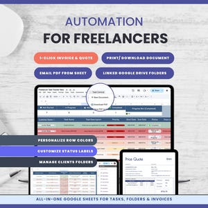May include: A digital marketing image promoting automation tools for freelancers. The image displays a tablet and two smaller devices showcasing Google Sheets for tasks, folders, and invoices. Text includes "Automation for Freelancers" and features like 1-click invoice & quote.