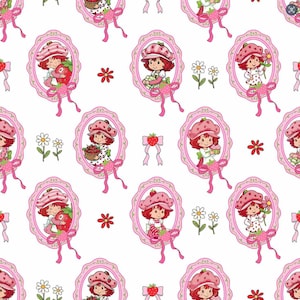 May include: A repeating pattern featuring a cartoon girl in a pink strawberry hat and dress, framed in pink ovals with bows. The design includes strawberries, flowers, and red star accents on a white background.